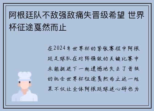阿根廷队不敌强敌痛失晋级希望 世界杯征途戛然而止