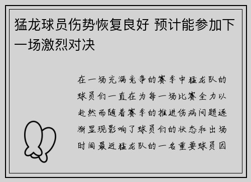 猛龙球员伤势恢复良好 预计能参加下一场激烈对决