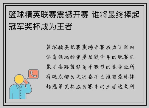 篮球精英联赛震撼开赛 谁将最终捧起冠军奖杯成为王者