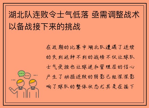 湖北队连败令士气低落 亟需调整战术以备战接下来的挑战