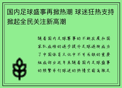 国内足球盛事再掀热潮 球迷狂热支持掀起全民关注新高潮