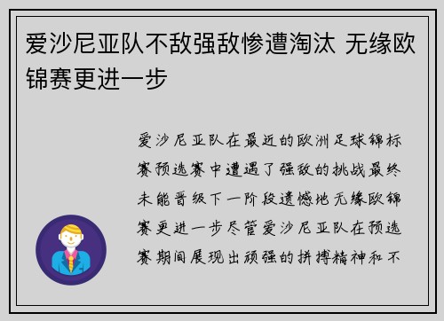 爱沙尼亚队不敌强敌惨遭淘汰 无缘欧锦赛更进一步