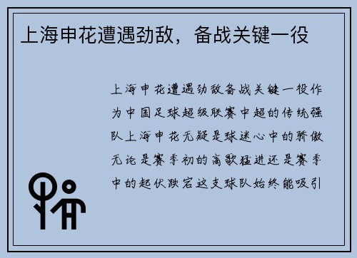 上海申花遭遇劲敌,备战关键一役