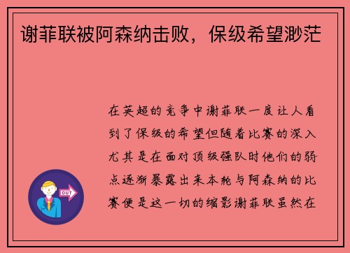 谢菲联被阿森纳击败,保级希望渺茫