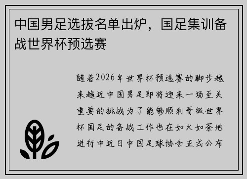 中国男足选拔名单出炉，国足集训备战世界杯预选赛