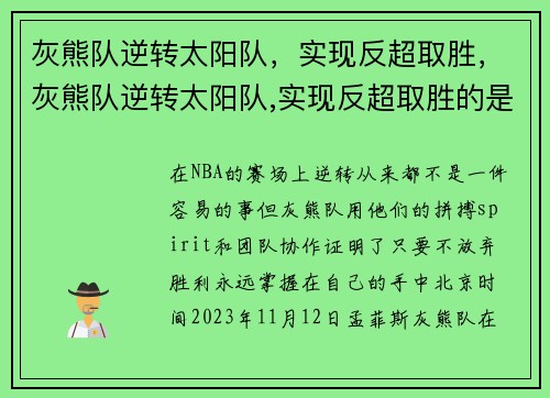灰熊队逆转太阳队,实现反超取胜,灰熊队逆转太阳队,实现反超取胜的是谁