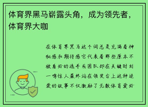 体育界黑马崭露头角,成为领先者,体育界大咖