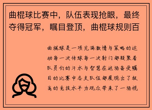 曲棍球比赛中,队伍表现抢眼,最终夺得冠军,瞩目登顶,曲棍球规则百度百科