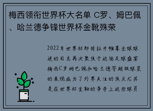 梅西领衔世界杯大名单 C罗、姆巴佩、哈兰德争锋世界杯金靴殊荣